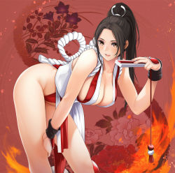 Rule 34 | 1girl, ass, bare shoulders, bent over, black hair, blush, breasts, brown eyes, cleavage, fed (giba), folded fan, folding fan, hand fan, hand on own leg, high ponytail, highres, holding, holding fan, japanese clothes, large breasts, long hair, looking at viewer, no bra, open mouth, parted bangs, pelvic curtain, ponytail, revealing clothes, rope, shiranui mai, sideboob, smile, solo, the king of fighters, thighs, wrist guards