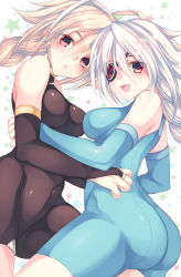 Rule 34 | 2girls, ahoge, arc system works, arm around waist, ass, bare shoulders, between legs, blazblue, blonde hair, blush, bodysuit, braid, breasts, bridal gauntlets, closed mouth, covered navel, cowboy shot, elbow gloves, eyepatch, eyes visible through hair, flipped hair, from side, gloves, hair between eyes, halterneck, happy, highres, hime gyo, hug, huge ahoge, impossible clothes, lambda-11, large breasts, legs apart, lips, long hair, looking at viewer, looking back, multiple girls, nu-13, open mouth, red eyes, sideboob, silver hair, single braid, skin tight, smile, star (symbol), starry background, straddling, thigh straddling, thighs, turtleneck, unitard, very long hair, white background, yuri