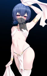 Rule 34 | 1girl, alternate costume, arabian clothes, arm up, armlet, armpits, black background, blue hair, blush, braid, choker, covered erect nipples, fingernails, flat chest, highres, idolmaster, idolmaster shiny colors, looking at viewer, mask, morino rinze, nail polish, navel, okuri banto, open mouth, red eyes, red nails, see-through, see-through mask, simple background, solo