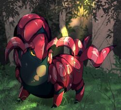 Rule 34 | absurdres, bug, claws, colored sclera, creatures (company), day, forest, full body, game freak, gen 5 pokemon, grass, highres, horns, looking at viewer, nature, nintendo, no humans, pokemon, pokemon (creature), scolipede, solo, standing, tail, tree, uranosaxia, yellow sclera