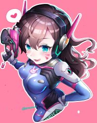Rule 34 | 1girl, animal print, blue bodysuit, bodysuit, breasts, brown eyes, brown hair, clothes writing, cowboy shot, d.va (overwatch), eneru (enepuni), facepaint, facial mark, foreshortening, from above, gloves, gun, hand on own hip, headphones, heart, high collar, highres, holding, holding gun, holding weapon, licking lips, long hair, looking at viewer, outline, overwatch, overwatch 1, parted lips, pilot suit, pink background, pink lips, rabbit print, shoulder pads, simple background, skin tight, small breasts, solo, speech bubble, spoken heart, swept bangs, tongue, tongue out, twitter username, weapon, whisker markings, white gloves