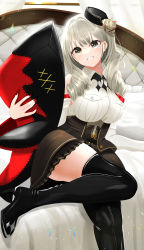 Rule 34 | 1girl, absurdres, azur lane, bed, black footwear, black headwear, black skirt, blouse, boots, breasts, drill hair, drill sidelocks, feet out of frame, grey eyes, grey hair, hair ornament, high heel boots, high heels, highres, holding, holding toy, large breasts, long hair, looking at viewer, luetzow (azur lane), mouth hold, nail polish, on bed, open mouth, red nails, shirt, sidelocks, sitting, skirt, smile, solo, teeth hold, thigh boots, thighhighs, toy, tsuri pi, white shirt