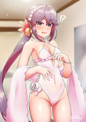 Rule 34 | !?, 1girl, akebono (kancolle), alternate breast size, anchor, arthur ko, breasts, casual one-piece swimsuit, commentary request, cosplay, covered navel, cowboy shot, criss-cross halter, flower, frilled swimsuit, frills, hair flower, hair ornament, hairband, halterneck, highleg, highleg swimsuit, highres, kantai collection, long hair, looking at viewer, one-piece swimsuit, purple eyes, purple hair, sagiri (kancolle), sagiri (kancolle) (cosplay), shawl, side-tie swimsuit, side ponytail, small breasts, solo, standing, surprised, swimsuit, thighs, very long hair, white one-piece swimsuit, white shawl