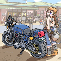Rule 34 | 2boys, 6+girls, arms behind back, bandana, boots, bright pupils, brown hair, commentary, denim, fence, full body, helmet, highres, jaggy lines, jeans, looking at viewer, looking back, motor vehicle, motorcycle, motorcycle helmet, multiple boys, multiple girls, necosuke, original, outdoors, pants, parking lot, restaurant, smile, solo focus, tank top, white pupils