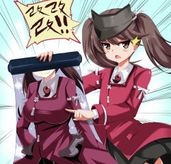 Rule 34 | 10s, 1girl, bin1998, blush, brown eyes, brown hair, hat, highres, japanese clothes, kantai collection, long hair, magatama, motion lines, pointing, ryuujou (kancolle), scroll, skirt, solo, translated, twintails, visor cap
