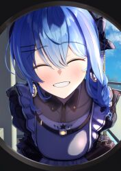 Rule 34 | 1girl, absurdres, apron, black dress, blue eyes, blue hair, bow, braid, closed eyes, collared dress, commentary request, day, double-parted bangs, dress, facing viewer, grey apron, grin, hair between eyes, hair bow, hair ornament, hair over shoulder, hairclip, highres, hololive, hoshimachi suisei, hoshimachi suisei (maid), kurenaiaoi0, long hair, maid, official alternate costume, official alternate hairstyle, outdoors, pov peephole, side braid, single braid, smile, solo, teeth, upper body, virtual youtuber