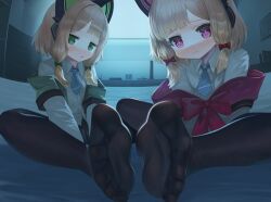 Rule 34 | 2girls, blonde hair, blue archive, blush, feet, green eyes, highres, long hair, looking at viewer, midori (blue archive), momoi (blue archive), multiple girls, pantyhose, parted lips, red eyes, soles, toes