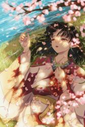 Rule 34 | 1girl, absurdres, black hair, blurry, cherry blossoms, depth of field, earrings, grass, highres, inuyasha, japanese clothes, jewelry, kagura (inuyasha), kimono, lying, obi, on back, pointy ears, red eyes, sash, short hair, solo, teardrops (user vgvd7733), water