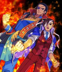 Rule 34 | 2boys, ace attorney, apollo justice, black coat, black eyes, black hair, blue jacket, blue necktie, blue pants, blue shirt, bracelet, brooch, brown eyes, brown hair, buttons, clenched hand, clenched hands, closed mouth, coat, coat on shoulders, collared coat, collared jacket, collared shirt, cowboy shot, dark-skinned male, dark skin, dhurke sahdmadhi, dutch angle, eyepatch, facial mark, father and son, fingernails, fire, forehead mark, forked eyebrows, formal, hair slicked back, high collar, jacket, jacket on shoulders, jewelry, lapel pin, lapels, long hair, long sleeves, looking at another, looking at viewer, male focus, mature male, multiple boys, necktie, open clothes, open coat, open mouth, pants, ragi (od6fine), red pants, red suit, red vest, shirt, short hair, sleeve cuffs, sleeves rolled up, suit, teeth, torn clothes, torn jacket, upper teeth only, vest, white shirt