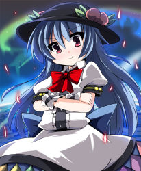 Rule 34 | &gt;:), 1girl, aurora, blue hair, bow, crossed arms, dress, fa no hito, female focus, food, fruit, hat, hinanawi tenshi, peach, red eyes, solo, touhou, v-shaped eyebrows