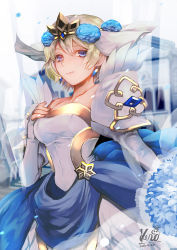 Rule 34 | 1girl, bare shoulders, blonde hair, blue eyes, blue flower, blue hair, breasts, bridal veil, crown, dated, detached sleeves, dress, earrings, feather trim, fire emblem, fire emblem heroes, fjorm (fire emblem), flower, gradient hair, hair flower, hair ornament, jewelry, kero sweet, looking at viewer, medium breasts, multicolored hair, nintendo, short hair, signature, smile, solo, strapless, strapless dress, veil, wedding dress, white dress, wind