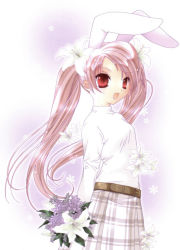 Rule 34 | 1girl, :d, alternate costume, animal ears, arms behind back, belt, bouquet, casual, di gi charat, flower, hair flower, hair ornament, koge donbo, lily (flower), long hair, official art, open mouth, rabbit ears, red eyes, skirt, smile, snowflakes, solo, twintails, usada hikaru