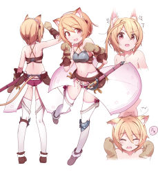 Rule 34 | 1girl, animal ears, animal print, armor, ass, bad id, bad pixiv id, bare shoulders, belt, bikini armor, blonde hair, breastplate, breasts, brown eyes, cat ears, cat print, cat tail, cleavage, closed eyes, collarbone, frills, from behind, full body, gloves, hair between eyes, hairband, headpat, highres, knee pads, looking at viewer, multiple views, navel, open mouth, original, panties, paw pose, pemu, pomon illust, sheath, sheathed, shoes, short hair, shoulder blades, showgirl skirt, simple background, small breasts, sweatdrop, sword, tail, thigh gap, thigh strap, thighhighs, underwear, upper body, weapon, white background, white thighhighs