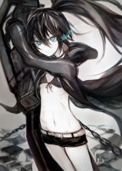 Rule 34 | 1girl, arm up, belt, belt buckle, bikini, bikini top only, black bikini, black gloves, black hair, black hoodie, black rock shooter, black rock shooter (character), black shorts, blue eyes, buckle, chain, closed mouth, commentary request, flat chest, front-tie bikini top, front-tie top, gloves, glowing, glowing eye, hair between eyes, hasunokaeru, highres, holding, hood, hood down, hoodie, long hair, long sleeves, looking at viewer, navel, open clothes, open hoodie, pale skin, short shorts, shorts, solo, stitches, swimsuit, twintails, white belt