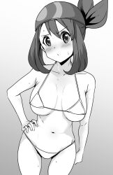 Rule 34 | 1girl, alternate costume, bandana, bare arms, bare shoulders, bikini, blush, breasts, collarbone, cowboy shot, creatures (company), female focus, game freak, gradient background, grey background, h2o (ddks2923), hair between eyes, hand on own hip, highres, large breasts, looking at viewer, may (pokemon), medium hair, navel, nintendo, pokemon, pokemon rse, skindentation, solo, stomach, sweat, swimsuit