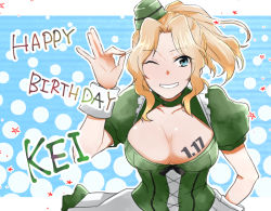Rule 34 | 10s, 1girl, alternate costume, blonde hair, blue background, blue eyes, breasts, character name, cleavage, cleavage cutout, clothing cutout, dated, dress, english text, garrison cap, girls und panzer, green dress, green hat, grin, hair intakes, hair up, happy birthday, hat, kay (girls und panzer), large breasts, long hair, looking at viewer, medium dress, ok sign, one eye closed, puffy short sleeves, puffy sleeves, short ponytail, short sleeves, smile, solo, standing, star (symbol), upper body, wrist cuffs, yuuhi (arcadia)