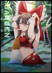 Rule 34 | 1girl, armpits, arms behind head, arms up, ascot, bare shoulders, blush, bow, breasts, brown hair, closed mouth, detached sleeves, english text, frilled bow, frilled hair tubes, frills, garden, gohei, hair between eyes, hair bow, hair tubes, hakurei reimu, highres, holding, holding gohei, in water, lily pad, long sleeves, looking at viewer, medium breasts, medium hair, midriff, navel, neckerchief, outdoors, red shirt, red skirt, ribbon, ribbon-trimmed sleeves, ribbon trim, shirt, sidelocks, skirt, skirt set, sleeveless, sleeveless shirt, smile, solo, stomach, touhou, tree, two-tone eyes, uchisaki himari, water, wet, wet clothes, wide sleeves, yellow neckerchief