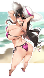 Rule 34 | 1girl, absurdres, arms behind back, ass, bad id, bad twitter id, beach, bikini, black hair, breasts, commentary request, from behind, full body, grin, hat, highres, kantai collection, large breasts, long hair, multicolored hair, naganami (kancolle), pink bikini, pink hair, sandals, side-tie bikini bottom, smile, solo, standing, straw hat, swimsuit, two-tone hair, wavy hair, white hat, yoshi tama