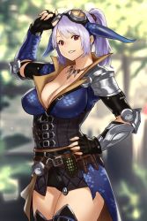 Rule 34 | 1girl, arm guards, arm up, armor, belt, blurry, blurry background, breasts, cleavage, commentary request, day, elbow gloves, elbow pads, fingerless gloves, fingernails, gloves, goggles, goggles on head, hand on own hip, highres, horns, houtengeki, jewelry, large breasts, long hair, looking at viewer, monster hunter (series), monster hunter, monster hunter: world, necklace, original, outdoors, parted lips, ponytail, purple hair, red eyes, shoulder armor, smile, solo, thighhighs, zettai ryouiki
