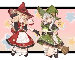 Rule 34 | 2girls, alternate costume, aranara (genshin impact), black footwear, black gloves, blonde hair, bow, bowtie, broom, closed eyes, closed mouth, cross-shaped pupils, dodoco (genshin impact), dress, frilled sleeves, frills, full body, genshin impact, gloves, green bow, green bowtie, green dress, green eyes, green hair, green headwear, grey hair, hairband, hat, hat bow, highres, holding, holding broom, klee (blossoming starlight) (genshin impact), klee (genshin impact), light smile, lolita fashion, multicolored hair, multiple girls, nahida (genshin impact), official alternate costume, pointy ears, red bow, red bowtie, red dress, red headwear, smile, socks, syall, symbol-shaped pupils, thighhighs, white socks, white thighhighs, witch, witch hat