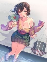 Rule 34 | 10s, 1girl, bad id, bad twitter id, bare shoulders, blush, breasts, brown eyes, brown hair, cleavage, daito, hand fan, hiryuu (kancolle), japanese clothes, kantai collection, large breasts, off shoulder, one side up, open mouth, paper fan, pleated skirt, short hair, side ponytail, sitting, skirt, solo, sweat, uchiwa