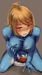 Rule 34 | 1girl, blonde hair, blue eyes, blush, bodysuit, breast hold, breasts, cunnilingus, full-face blush, girl on top, grabbing own breast, half-closed eyes, interspecies, large breasts, long hair, metroid, metroid (creature), nintendo, noccu, oral, ponytail, samus aran, skin tight, solo, solo focus, straddling, tongue, tongue out, torn bodysuit, torn clothes, torogao, zero suit