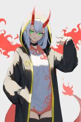 Rule 34 | 1girl, absurdres, black choker, black coat, black thighhighs, choker, closed mouth, coat, commentary, cowboy shot, dress, earrings, green eyes, hand in pocket, hand up, highres, hood, hood up, horns, jewelry, long hair, long sleeves, looking away, natoriusu sansei, oni horns, open clothes, open coat, original, pointy ears, red horns, short dress, simple background, solo, standing, stud earrings, tail, thighhighs, white background, white dress, white hair, zettai ryouiki