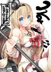 Rule 34 | 10s, 1girl, bare shoulders, blonde hair, blue eyes, braid, crossed legs, crown, dress, flower, french braid, garter straps, jewelry, kantai collection, long hair, long sleeves, looking at viewer, machinery, mini crown, n:go, necklace, off-shoulder dress, off shoulder, red flower, red ribbon, red rose, ribbon, rose, scepter, solo, thighhighs, throne, warspite (kancolle), white dress, white thighhighs