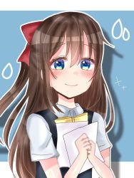 Rule 34 | 1girl, aqua eyes, aqua shirt, artist name, artist request, black vest, blue background, blue eyes, blush, bow, breasts, brown hair, buttons, clenched hands, collared shirt, female focus, hair between eyes, hair bow, holding, holding paper, long hair, looking at viewer, love live!, love live! nijigasaki high school idol club, nijigasaki school uniform, osaka shizuku, paper, parted lips, ponytail, raindrop print, red bow, ribbon, school uniform, shirt, short sleeves, small breasts, smile, solo, sweater vest, upper body, vest, white shirt, yellow buttons, yellow neckwear, yellow ribbon