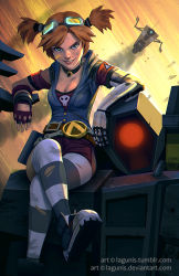 Rule 34 | 1girl, artificial limb, artist name, bandaid, bandaid on face, belt, borderlands (series), borderlands 2, breasts, choker, claptrap, crossed legs, deathtrap, gaige, goggles, goggles on head, green eyes, grin, medium breasts, ming-yin wong, orange hair, prosthesis, prosthetic arm, robot, shoes, sitting on shoulder, smile, striped clothes, striped thighhighs, thighhighs, twintails
