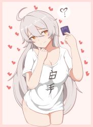 Rule 34 | 1girl, ?, ahoge, blush, breasts, closed mouth, collarbone, commentary request, condom, cowboy shot, grey hair, hair between eyes, heart, highres, holding, holding condom, honkai (series), honkai impact 3rd, kiana kaslana, kiana kaslana (herrscher of the void), large breasts, long hair, looking at viewer, milliani, orange eyes, shirt, smile, solo, standing, translation request, very long hair, white shirt