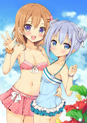 Rule 34 | 2girls, :o, bad id, bad pixiv id, bikini, bikini skirt, blue eyes, blue hair, blue one-piece swimsuit, blue sky, bow, bracelet, braid, breasts, brown hair, cleavage, cloud, collarbone, commentary request, cowboy shot, day, double bun, flower, gochuumon wa usagi desu ka?, hair between eyes, hair bun, hair ornament, hair up, hairclip, hand on another&#039;s back, hoto cocoa, jewelry, kafuu chino, leaf, looking at viewer, medium breasts, mori airi, multiple girls, navel, one-piece swimsuit, open mouth, outdoors, pink bikini, polka dot, polka dot bikini, polka dot swimsuit, purple eyes, scrunchie, short hair, sidelocks, sky, small breasts, smile, standing, swimsuit, wet, white bow, wrist scrunchie