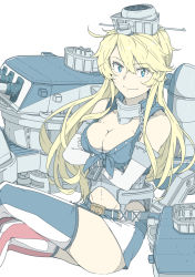 Rule 34 | 16-inch/50-caliber mark 7 gun, 1girl, anti-aircraft, anti-aircraft gun, artillery, asymmetrical legwear, autocannon, bad id, bad pixiv id, blonde hair, blue eyes, breasts, cannon, crossed legs, elbow gloves, feet out of frame, fingerless gloves, front-tie top, garter straps, gloves, hair between eyes, headgear, iowa (kancolle), kantai collection, large breasts, machinery, miniskirt, mismatched legwear, naval artillery, naval gun, ninimo nimo, oerlikon 20 mm cannon, simple background, sitting, skirt, solo, star-shaped pupils, star (symbol), striped clothes, striped thighhighs, symbol-shaped pupils, thighhighs, turret, vertical-striped clothes, vertical-striped thighhighs, white background