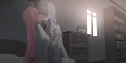 Rule 34 | 2girls, absurdres, black bow, black necktie, blue eyes, blush, book, bookshelf, bow, braid, chest of drawers, chihuri, collared shirt, commentary request, curtains, earrings, french kiss, grey hair, grey skirt, grey vest, hair between eyes, hair bow, hair intakes, highres, holding hands, interlocked fingers, jacket, jewelry, kiss, long hair, multiple girls, necktie, on bed, open clothes, open jacket, original, pink hair, plant, potted plant, shirt, sitting, skirt, stud earrings, sweat, very long hair, vest, white jacket, white shirt, window, yuri