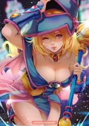 Rule 34 | 1girl, artist name, blonde hair, blue eyes, blurry, blurry background, boots, breasts, capelet, cleavage, collar, commentary, dark magician girl, dress, duel monster, glowing, hat, head tilt, holding, leg up, lips, looking at viewer, magion02, medium breasts, one eye closed, parted lips, pentagram, short dress, simple background, sleeveless, smile, solo, wand, wizard hat, yu-gi-oh!