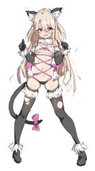 Rule 34 | 1girl, animal ears, breasts, cosplay, deatheach, elbow gloves, fate/grand order, fate/kaleid liner prisma illya, fate (series), fur-trimmed gloves, fur-trimmed legwear, fur collar, fur trim, gloves, highres, illyasviel von einzbern, long hair, mash kyrielight, mash kyrielight (dangerous beast), mash kyrielight (dangerous beast) (cosplay), o-ring, o-ring top, official alternate costume, red eyes, revealing clothes, shiny skin, silver hair, simple background, solo, standing, tail, thighhighs, white background, wolf ears, wolf tail