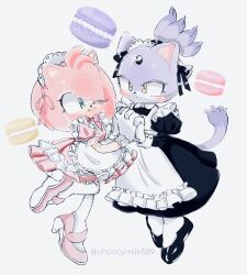 Rule 34 | 2girls, amy rose, animal ears, apron, black footwear, blaze the cat, blush, cat ears, cat girl, cat tail, choccymilk589, food, forehead jewel, furry, furry female, gloves, green eyes, hedgehog girl, highres, holding hands, macaron, maid, maid headdress, multiple girls, one eye closed, pink footwear, ponytail, simple background, sonic (series), tail, white gloves, yellow eyes