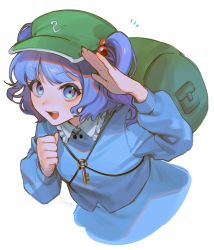 Rule 34 | 1girl, :d, backpack, bag, blue eyes, blue hair, blue shirt, blue skirt, cabbie hat, commentary request, cropped torso, frilled shirt collar, frills, green bag, green hat, hair bobbles, hair ornament, hat, highres, kawashiro nitori, key, long sleeves, looking at viewer, medium hair, noriuma, notice lines, open mouth, salute, shirt, simple background, skirt, smile, solo, touhou, two side up, white background