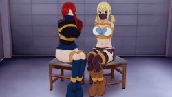 Rule 34 | 2girls, 3d, animated, arms behind back, ass, bdsm, blonde hair, bondage, bouncing breasts, bound, bound ankles, bound arms, bound legs, bound wrists, breast bondage, breasts, brown hair, cleavage, cloth gag, erza scarlet, fairy tail, gag, gagged, highres, improvised gag, large breasts, legs, long hair, looking at viewer, lucy heartfilia, midriff, miniskirt, multiple girls, navel, over the nose gag, panties, red hair, shepirotcloud, skirt, tagme, tattoo, tattoo on hand, thighs, underwear, video