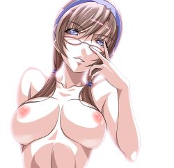 Rule 34 | 00s, 1girl, arm behind back, blue eyes, breasts, breasts apart, brown hair, completely nude, evangelion: 2.0 you can (not) advance, glasses, hairband, image sample, large breasts, looking at viewer, makinami mari illustrious, md5 mismatch, neon genesis evangelion, nipples, nude, pixiv sample, rebuild of evangelion, saburou (hgmg), simple background, solo, twintails, white background