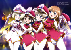 Rule 34 | 4girls, :d, absurdres, band uniform, blonde hair, blue eyes, blush, breasts, brown eyes, brown hair, charlotte e. yeager, duplicate, elbow gloves, erica hartmann, gloves, hat, highres, large breasts, lynette bishop, miyafuji yoshika, multiple girls, official art, one-piece swimsuit, one eye closed, onoda masahito, open mouth, orange hair, panties, peaked cap, pink one-piece swimsuit, salute, school swimsuit, short hair, smile, strike witches, swimsuit, swimsuit under clothes, teeth, underwear, white one-piece swimsuit, white school swimsuit, world witches series