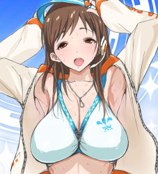 Rule 34 | 10s, 1girl, armpits, arms up, bikini, bikini top only, breasts, brown eyes, brown hair, cleavage, headset, idolmaster, idolmaster cinderella girls, jacket, jewelry, large breasts, long hair, nitta minami, open clothes, open jacket, open mouth, poin (hidsuki), smile, solo, sweat, swimsuit
