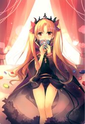 Rule 34 | 1girl, :o, asymmetrical clothes, backlighting, bare legs, bed, black leotard, blonde hair, blush, candy, canopy bed, cape, chocolate, chocolate heart, curtains, earrings, embarrassed, ereshkigal (fate), fate/grand order, fate (series), food, fur trim, gem, gold trim, hair ribbon, heart, holding, jewelry, kirero, lens flare, leotard, long hair, long sleeves, looking at viewer, open mouth, purple cape, red eyes, red ribbon, ribbon, rupee (zelda), simple background, solo, standing, thighs, tiara, twintails, v-shaped eyebrows, valentine, very long hair, white background