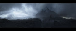 Rule 34 | cloud, cloudy sky, fog, highres, landscape, letterboxed, levente peterffy, mountain, photorealistic, realistic, rock, sky