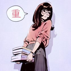 Rule 34 | 1girl, blush, book stack, brown eyes, brown hair, carrying, commentary, glasses, highres, ilya kuvshinov, long hair, original, pleated skirt, simple background, skirt, solo, sweater, translated, watch, wristwatch
