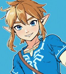 1boy absurdres beachepisode blonde_hair blue_background blue_eyes blue_tunic champion&#039;s_tunic_(zelda) highres link looking_at_viewer male_focus medium_hair nintendo outline pointy_ears simple_background solo the_legend_of_zelda the_legend_of_zelda:_breath_of_the_wild tunic upper_body white_outline