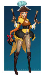 Rule 34 | 1girl, aqua eyes, arm belt, belt, black skirt, blue background, boots, bow, braid, breasts, brown footwear, brown pants, brown shirt, cleavage, cleavage cutout, closed mouth, clothing cutout, commentary, dual wielding, feathers, frilled hat, frilled skirt, frills, full body, gun, hair bow, handgun, hat, head tilt, high heels, highres, holding, holding gun, holding weapon, knee boots, long hair, long sleeves, looking at viewer, maeging s2, medium breasts, navel, orange hair, original, pants, pirate, pistol, shirt, skirt, smile, solo, standing, twin braids, very long hair, watermark, weapon, web address