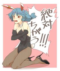 Rule 34 | 1girl, animal ears, bad id, bad twitter id, blue hair, breasts, rabbit ears, rabbit tail, detached collar, earclip, elbow gloves, embarrassed, female focus, fishnet pantyhose, fishnets, full body, gloves, hichiko, high heels, leotard, long hair, pantyhose, playboy bunny, rabbit girl, red eyes, seiran (touhou), solo, tail, tears, touhou, translated