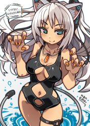 Rule 34 | 1girl, animal ears, blue eyes, breasts, claw pose, clothing cutout, commission, cowboy shot, dark-skinned female, dark skin, dutch angle, grey hair, headgear, highres, jewelry, long hair, looking at viewer, medium breasts, nail polish, nancou (nankou), navel, navel cutout, one-piece swimsuit, orange nails, original, pendant, smile, solo, speech bubble, swimsuit, tail, thigh strap, underboob cutout