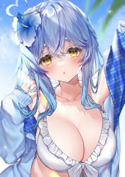 Rule 34 | 1girl, absurdres, ahoge, arm up, bikini, blue flower, blue hair, blue jacket, blush, breasts, buta tamako, cleavage, collarbone, commentary request, flower, frilled bikini, frills, hair between eyes, hair flower, hair ornament, half updo, halterneck, heart, heart ahoge, highres, hololive, jacket, large breasts, long hair, looking at viewer, off shoulder, parted lips, solo, swimsuit, upper body, virtual youtuber, white bikini, yellow eyes, yukihana lamy
